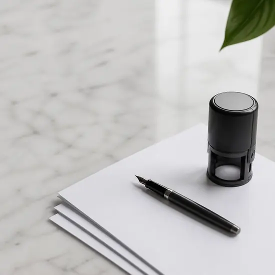A company seal, a fountain pen and incorporation papers on a marble desk